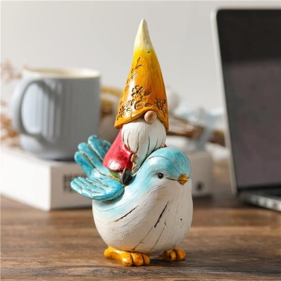 Garden Gnome Statue Outdoor Decor - Garden Gnomes Sitting on Bird Statue - Picture 4 of 7